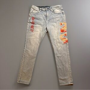 Ninth Hall Y2K Size 34 Men’s Lure Ember Koi Light Blue Denim Jeans Embroidered